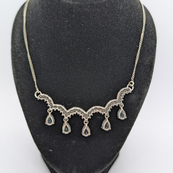 Silver Necklace with Blue Topaz Tear Drop Stones And Marcasite - Picture 3 of 12